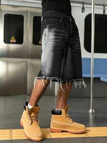 Manfinity EMRG Frayed Hem Denim Shorts - Black - View 5