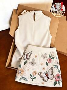 SHEIN Franclia Set estivo da donna con camicia senza maniche con lacci beige elegante & minigonna a trapezio con stampa floreale a farfalla, stile delicato, fresco e versatile, per pendolarismo quotidiano, appuntamenti, viaggi - Multicolore - Visualizzare 2