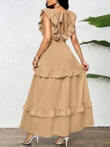 SHEIN Lady Vestido casual de vacaciones para mujer con dobladillo de volantes de unicolor - Caqui - Ver 2
