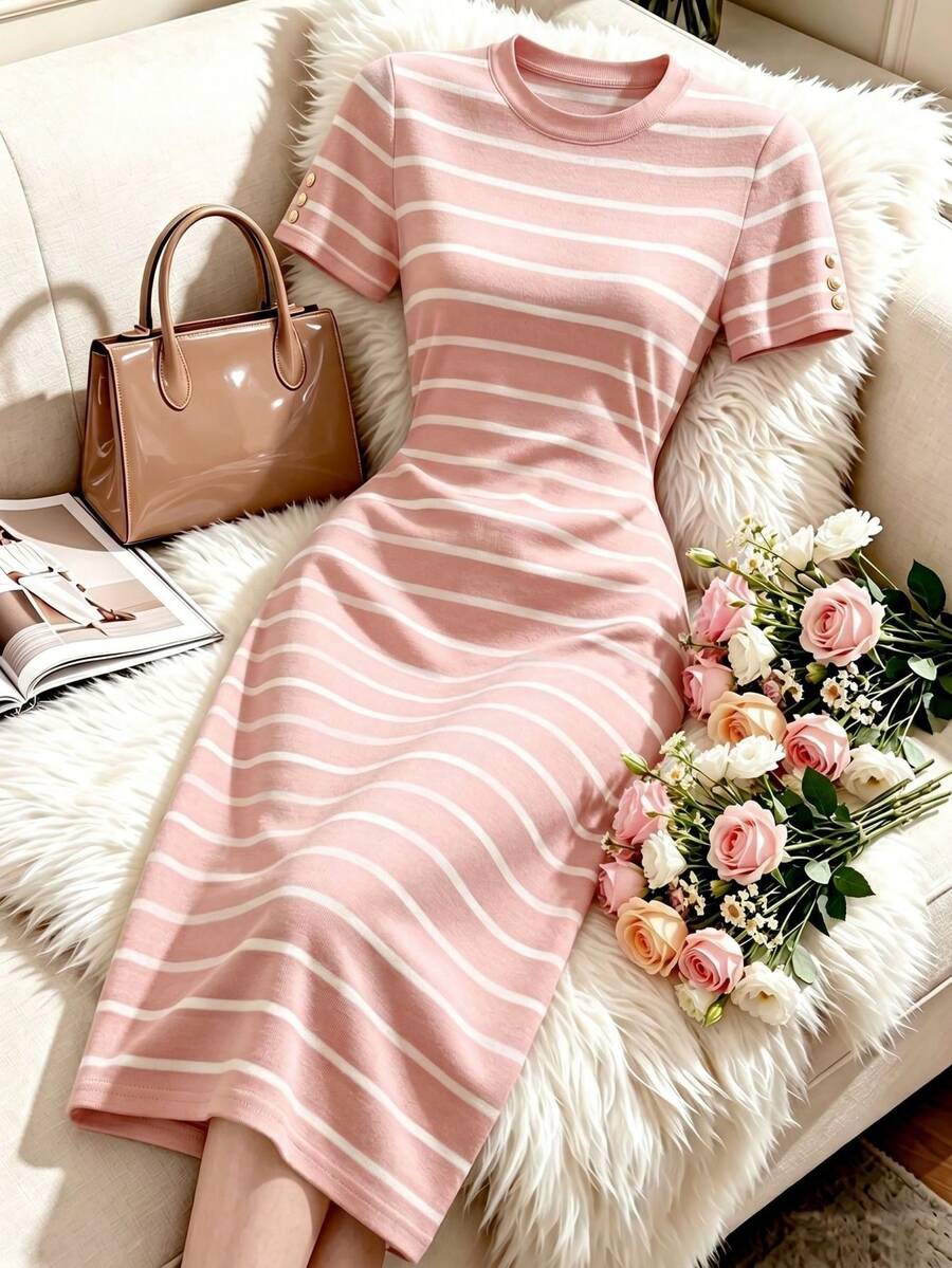 SHEIN Franclia 女款新款黑白條紋圓領短袖修身顯腰顯瘦針織中長洋裝 - 粉色 - 查看 1