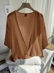 Comfortcana Plus Size Lightweight Short White Jacket , Summer Cotton Comfortable Cardigan In Fall/Winter - Khaki - View 5