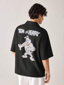 Strevion TOM & JERRY 男士休闲简约快乐尖刺图案印花短袖衬衫 - 黑色 - 查看 2