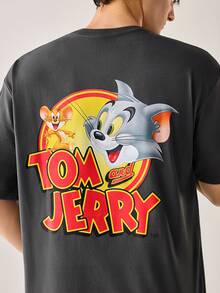 Strevion TOM & JERRY 男士休闲百搭汤姆和杰瑞元素印花短袖T恤 - 深灰色 - 查看 3