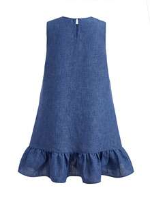 SHEIN Kids Teen Girls Dresses, Summer Round Neck Navy Blue Woven Ruffle Hem Dress, Casual Vacation Summer Spring Fashion, Ruffle Edge, Back To School - Blue - View 3