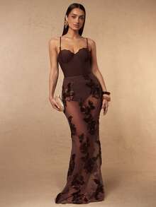 Silquee Women's Solid Color Cami One-Piece Swimsuit With Jacquard Mesh Cover-Up Skirt Set Bathing Suit - Coffee Brown - View 3