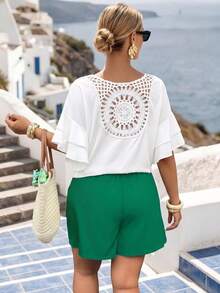 Ceyna Plus Size Women's Elegant Casual Tropical White Emerald Green 2-Piece Set,Boho Summer Ruffle Sleeve Top And Shorts For Vacation,Holiday Cruise Beach - Multicolor - View 1