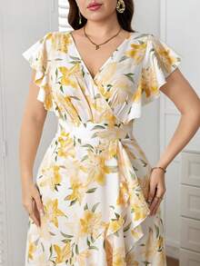 Reflora Plus Size Women's Vacation Floral Print Ruffle Short Sleeve Elegant Multi-Layered Ruffle Hem Dress All White Summer Party Wedding Guest - Yellow - View 3