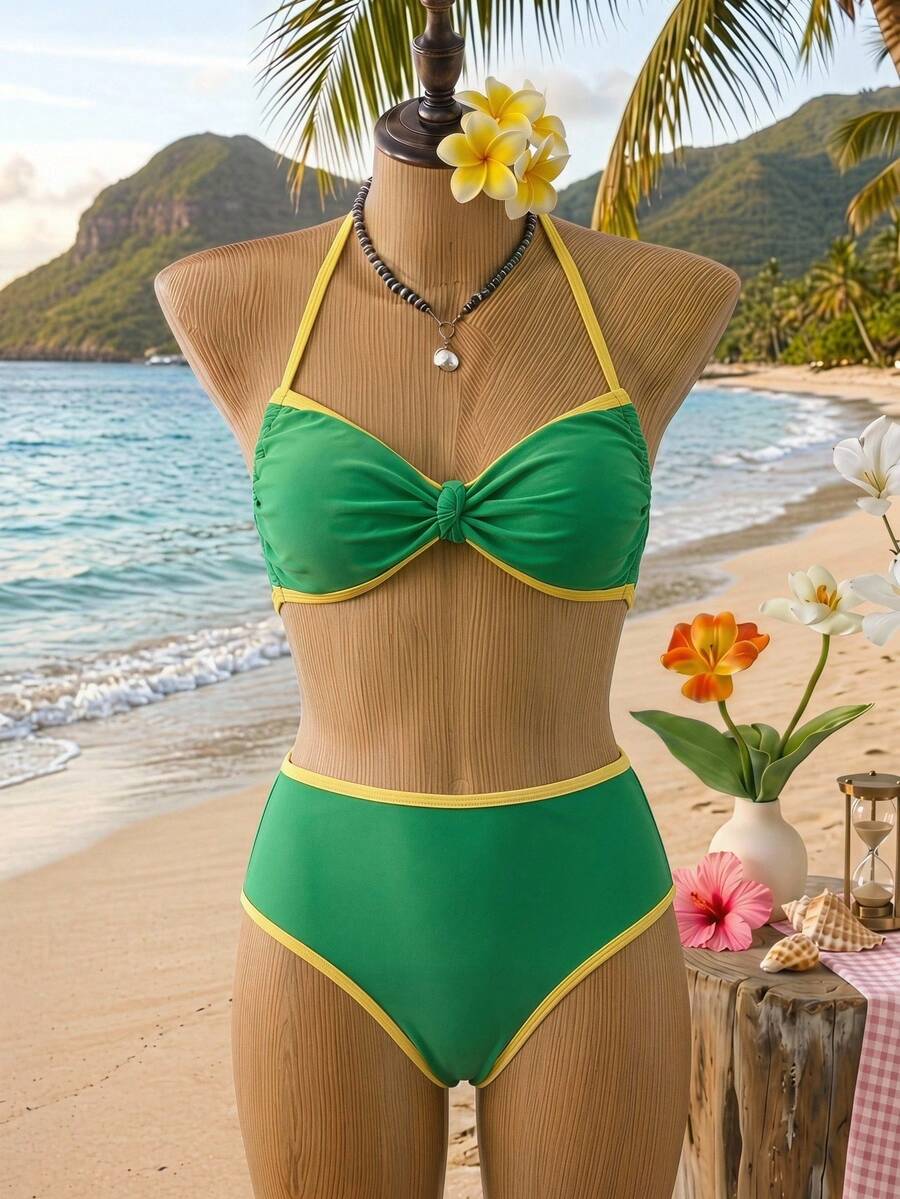SHEIN 青少年女孩/青少年女孩坦基尼泳裝套裝,夏季新款細肩帶露背對比色度假兩件式泳裝,適合游泳、度假、夏季海灘 - 時尚泳裝,不透光,高彈性,可機洗 - 彩色 - 查看 1
