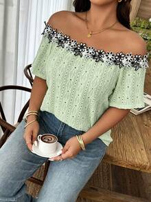 Weeklong Women's Plus Size Spring/Summer Casual Off-Shoulder Contrast Color Ruffle Trim Textured Knit Fabric T-Shirt - Mint Green - View 3