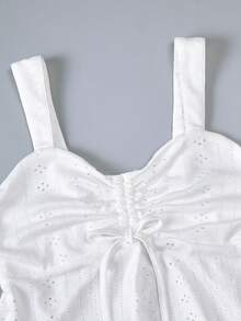 Top de tirantes para adolescentes con escote en forma de corazón, diseño de malla, unicolor, cordón ajustable y bajo acampanado - Blanco - Ver 3