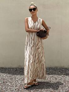 DAZY Floral Tie-Dye Spaghetti Strap Backless Dress, Elegant Vacation Summer Long Dress For Women - Khaki - View 5
