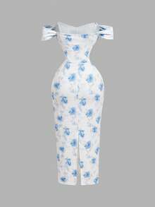 SHEIN MOD 女款淺藍色與白色花卉印花露肩貼身洋裝 - 藍白色 - 查看 2