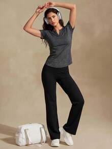 Glamine Women's Solid Color Notch V-Neck Regular Shoulder Casual Comfortable Sports Short Sleeve T-Shirt - Charcoal Grey - View 4