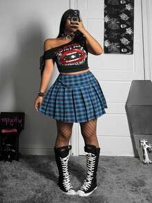 Whyspr Plus Size Spring/Summer Punk Plaid Pleated Skorts - Blue - View 4