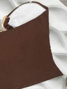 Elavelle Women's Spring/Summer Solid Color Spaghetti Strap Metal Decor Tank Top Bikini - Brown - View 5