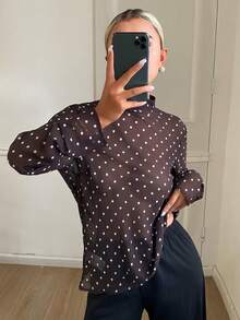 Livesso White With Black Polka Dots Loose Flowy Top For Women Office Autumn Elegant - Coffee Brown - View 3