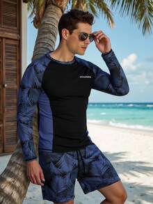 Manfinity KASUA Men's Summer Colorblock Swimwear Sun Protection Long Sleeve Top And Shorts Set - Blue - View 1