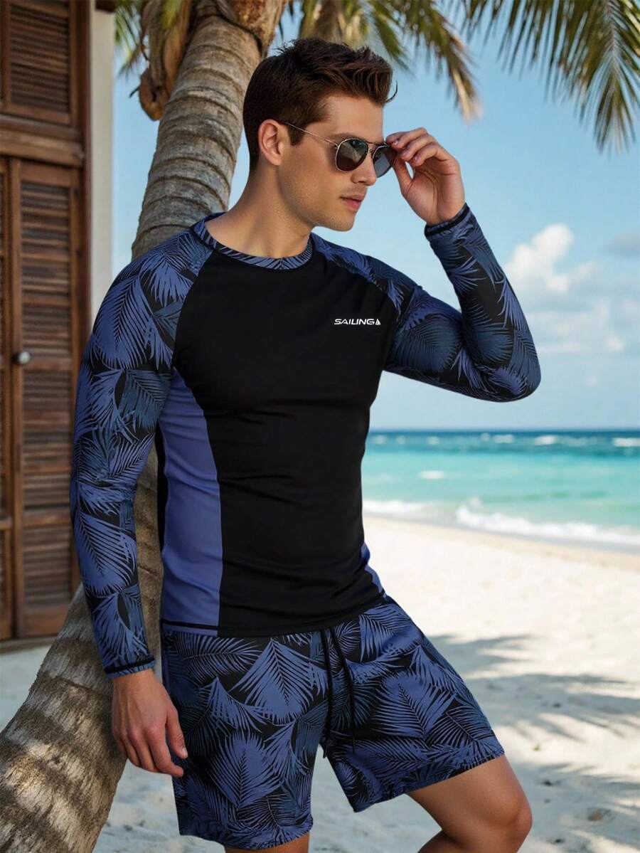 Manfinity KASUA Men's Summer Colorblock Swimwear Sun Protection Long Sleeve Top And Shorts Set - Blue - View 1