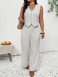 SHEIN Frenchy Women's Plus Size Striped Single-Breasted Blazer Vest And Casual Trousers Set - Black - View 3