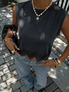 Siren Gaze Spring/Summer New Solid Color Lace Patchwork Tank Top - Dark Grey - View 6