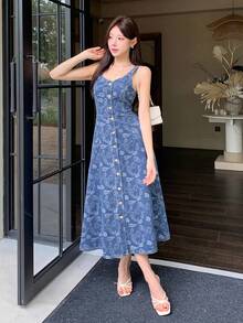 DAZY Women's Washed Denim Jacquard Cashew Flower All-Over Print Camisole Dress, Urban Casual Denim Dress - Medium Wash - View 6