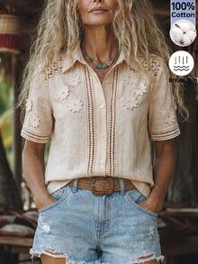 Zayélia Women's Lapel Short Sleeve Shirt, Lace Spliced Design, Button Decor, Casual Daily Commute Holiday Vacation Tops, Ladies Wear Cutout - Apricot - View 3