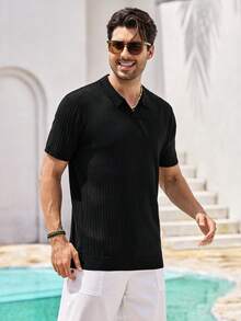 Mercer Haus Men's Ribbed Airplane Collar Polo Knit Shirt, Short Sleeve, Summer Fashion - Black - View 5