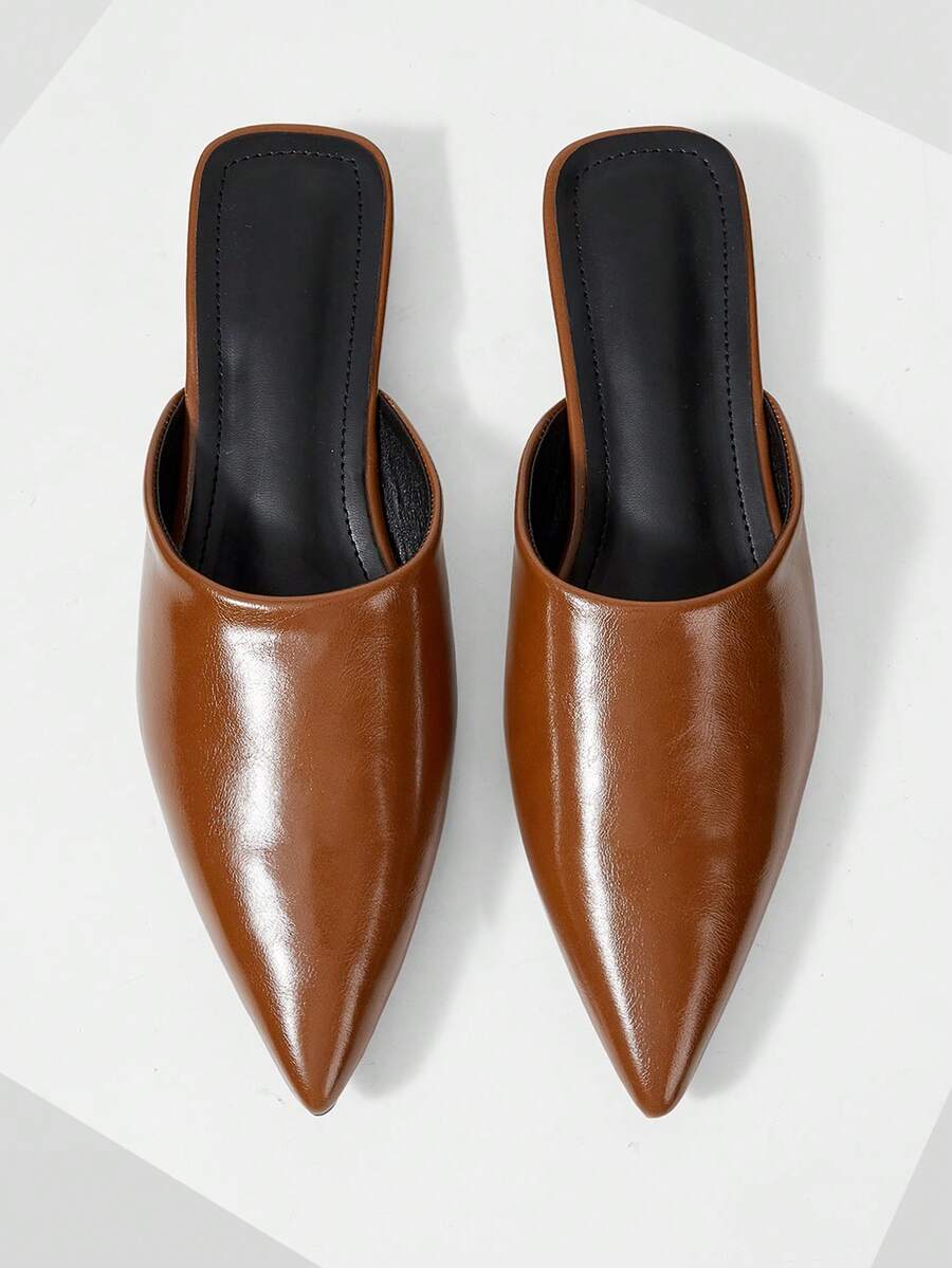Mnmlis French Pointed Slippers, Thick Heels, Half-Tow Mullers, Patent Leather, Half-Toe Sandals. - yellowish brown - View 1