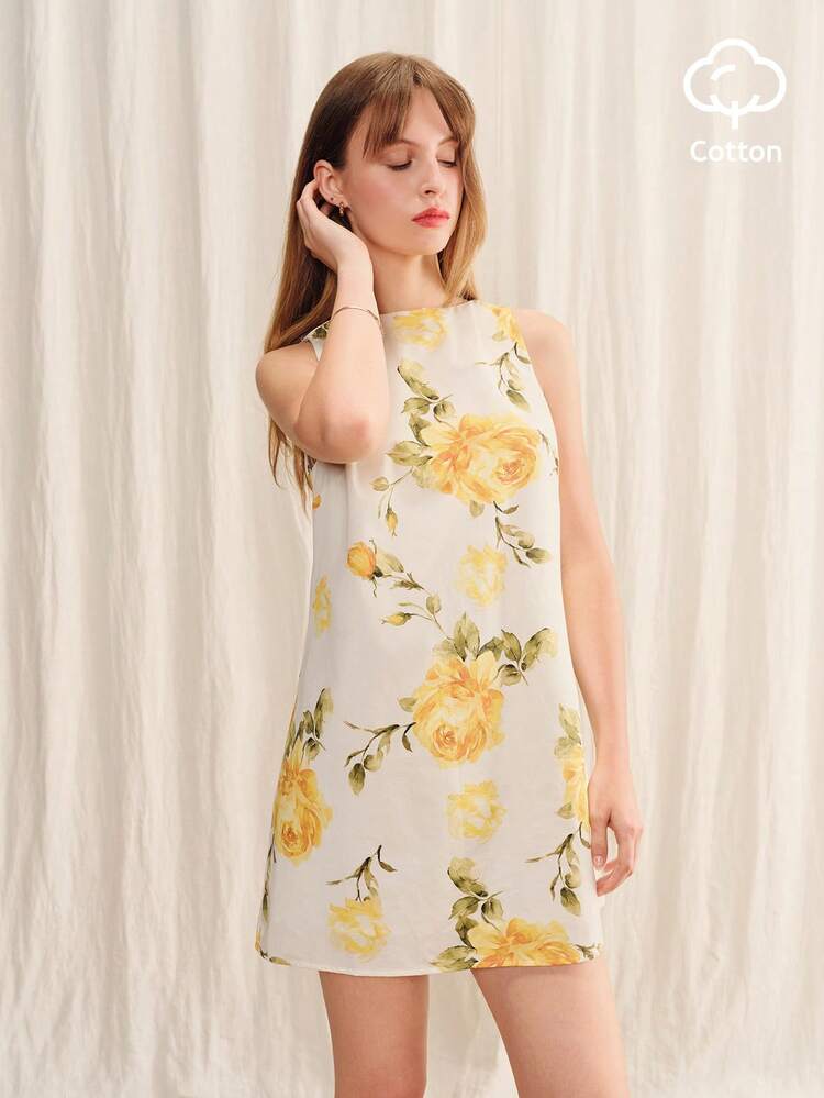 lacRébo Đầm ngắn dáng chữ A rộng rãi, màu trắng và vàng họa tiết hoa, chất liệu cotton, có chi tiết khoét lưng, kiểu Pháp, thích hợp cho mùa xuân hè và đi nghỉ mát. - Nhiều màu - Xem 5