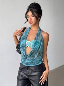 Aloruh New Leopard Print Sexy Cowl Neck Halter Modern Metal Decor Backless Tank Top - Teal Blue - View 10