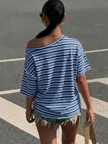 SHEIN EZwear 休閒簡約藍色條紋滿版印花落肩短袖寬鬆女款T恤，適合夏季 - 彩色 - 查看 2