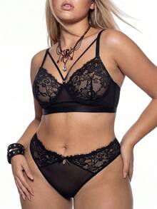 AltBold 2 pièces Ensemble de soutien-gorge en dentelle grande taille avec armature, sans rembourrage - Noir - Voir 4