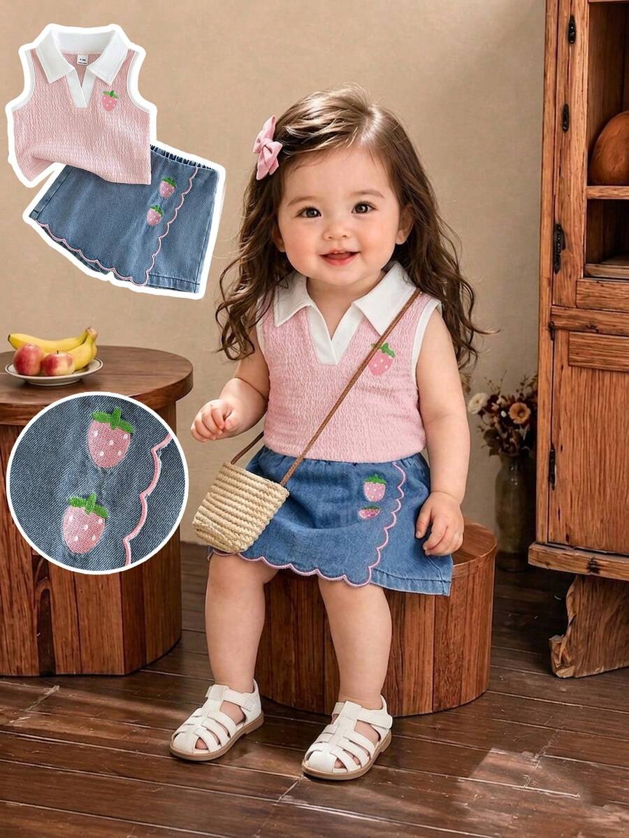 SHEIN Playful Pals 2件組女嬰粉色V領領口無袖背心上衣 & 淺藍色裙褲可愛夏季度假套裝,附刺繡蝴蝶結藍色調 - 粉色 - 查看 1