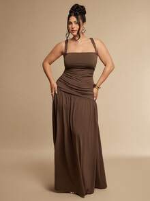 SHEIN BAE CURVE Đầm nữ size lớn thời trang đi du lịch cổ vuông xếp ly màu nâu - màu nâu - Xem 4