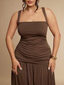 SHEIN BAE CURVE Đầm nữ size lớn thời trang đi du lịch cổ vuông xếp ly màu nâu - màu nâu - Xem 6