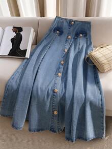 GlowEve Women's Solid Color Minimalist Button Decor A-Line Denim Skirt - Light Wash - View 2