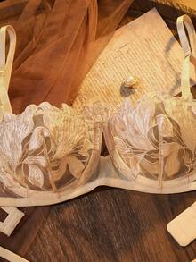 Divavoom Maple Leaf Burnout Half Cup Lingerie Set, Sexy Sheer 2-Piece Set - Champagne - View 4