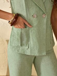 Bóhologie Women's Solid Color Linen Fabric Casual Style Pocket Gold Button Decor 2-Piece Tank Top And Pants Set - Mint Green - View 5