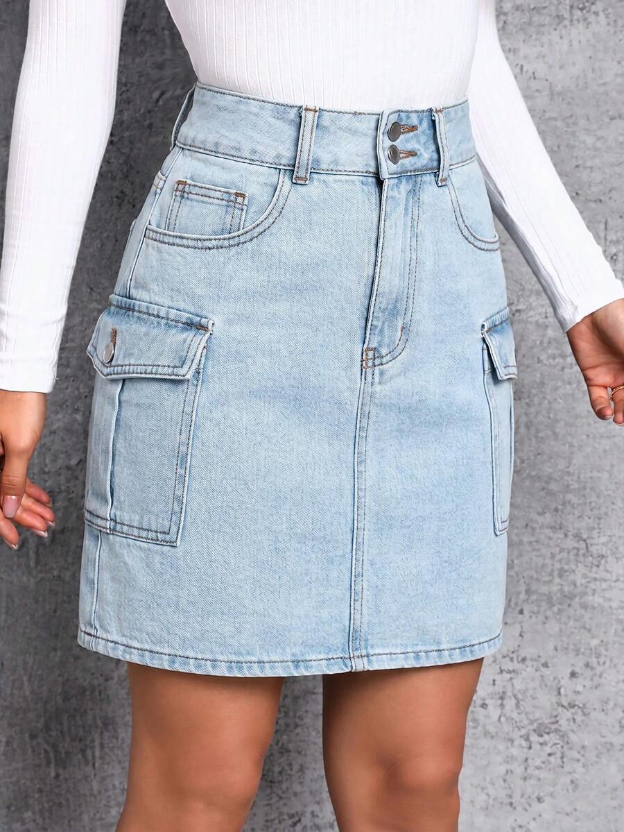 SHEIN Essnce 夏季休閒工裝牛仔裙 - 淺色水洗藍 - 查看 1