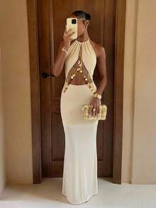 Lumalex Women's Elegant Beige Summer Sequin Tassel Decor Backless Bodycon Maxi Dress,Halter Hollow-Out Mermaid Hem Pearl Dress For Party Night Birthday Party - Apricot - View 2