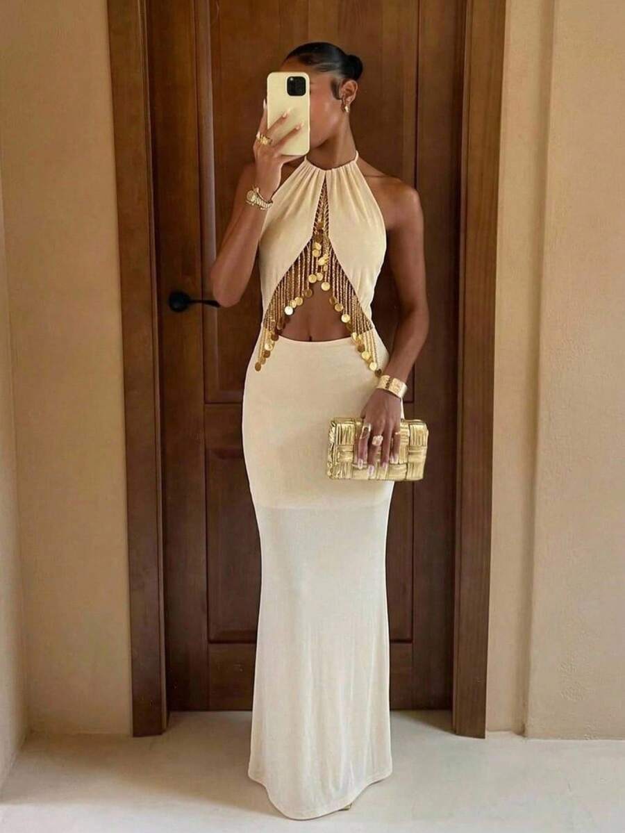 Lumalex Women's Elegant Beige Summer Sequin Tassel Decor Backless Bodycon Maxi Dress,Halter Hollow-Out Mermaid Hem Pearl Dress For Party Night Birthday Party
