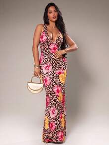 Vestido de mujer de verano, elegante y chic, combinación de marrón y amarillo con lunares, vestido de cuello en V escotado, vestido de sirena, vestido ajustado, vestido largo, v - Multicolor 2 - Ver 3
