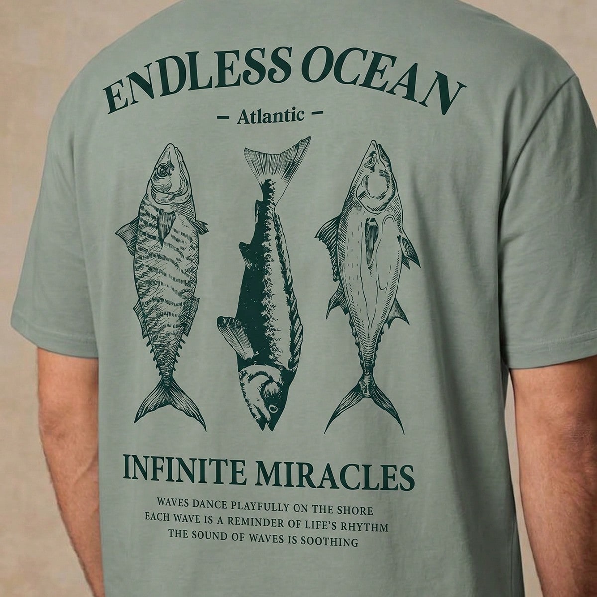 Camiseta casual de hombre con estampado de pez, holgada, hombros caídos, cuello redondo y manga corta, adecuada para uso diario, camiseta casual de h
