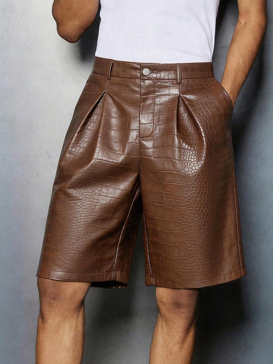 PAVTROS Men's Brown Crocodile PU Leather Shorts, Pleated Design, Fashion VersatileBermuda Shorts - Brown - View 1