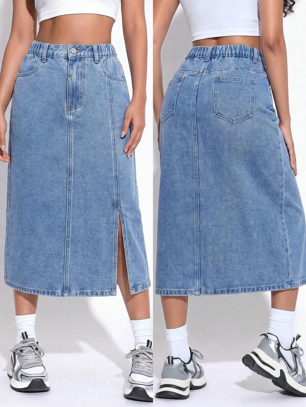 SHEIN Genkimix Kids Tween Girls Dark Wash Blue Denim Skirt, Summer Sweet Casual Comfortable Preppy Style Recommended! Made Of Comfortable Denim Fabric, Dark Wash Blue, Elastic Waist Design, Easy To Put On And Take Off, Back Slit Hem, A-Line Silhouette Design, More Casual And Free. Daily Outings, Campus Casual, Back To School Season, Back To School Season, Travel Vacation Stroll, Etc., Easily Create A Casual And Fashionable Wearing Effect!