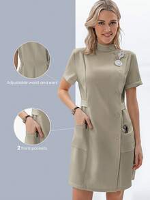 TaskEZ 女式手术服制服纽扣前开襟医院护士手术服连衣裙实验服 - 駝色 - 查看 1