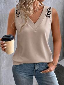 EMERY ROSE Fashion Casual Basic V-Neck Leopard Print Shoulder Plus Size Tank Top - Multicolor - View 4