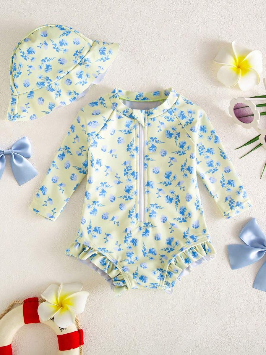 SHEIN Newborn Small Floral Print One-Piece Swimsuit - Mustard Yellow - View 1