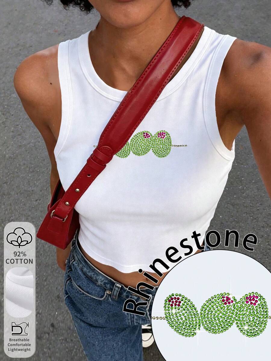Rovax Olive Pattern Rhinestone Women's Tank Top Vacation Minimalist Fashion Short Cotton Vest - White - View 1