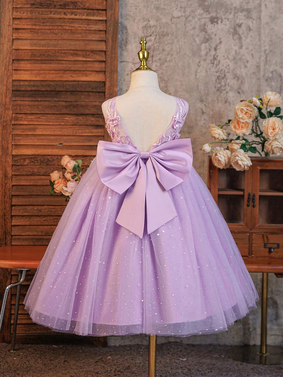 SHEIN Glamorique Kids 女童公主洋裝 網紗亮片花朵裝飾 適合婚禮、生日派對、冬季嬰兒穿著 紫色